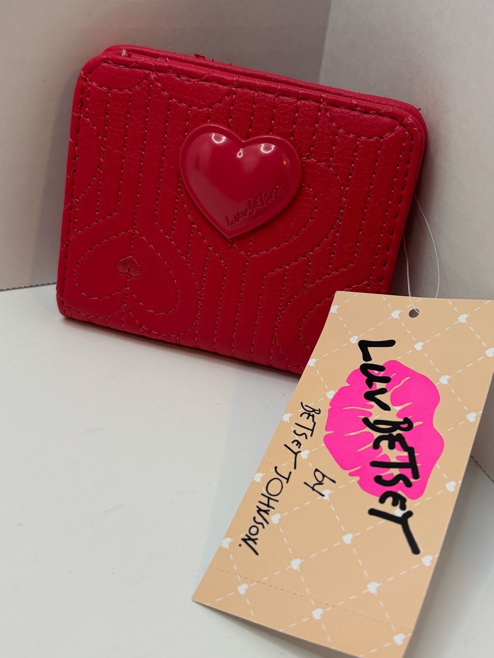 Luv Betsey Johnson Raspberry color Quilted Heart snap/zip mini Wallet